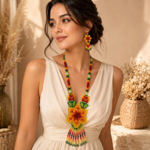 Sunehri Bloom Tribal-Inspired Beaded Long Necklace Set