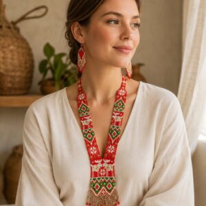 Saira Red Huichol-Inspired Beaded Long Necklace Set