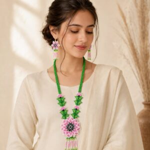 Liyana Pink Bloom Tribal-Inspired Beaded Long Necklace Set